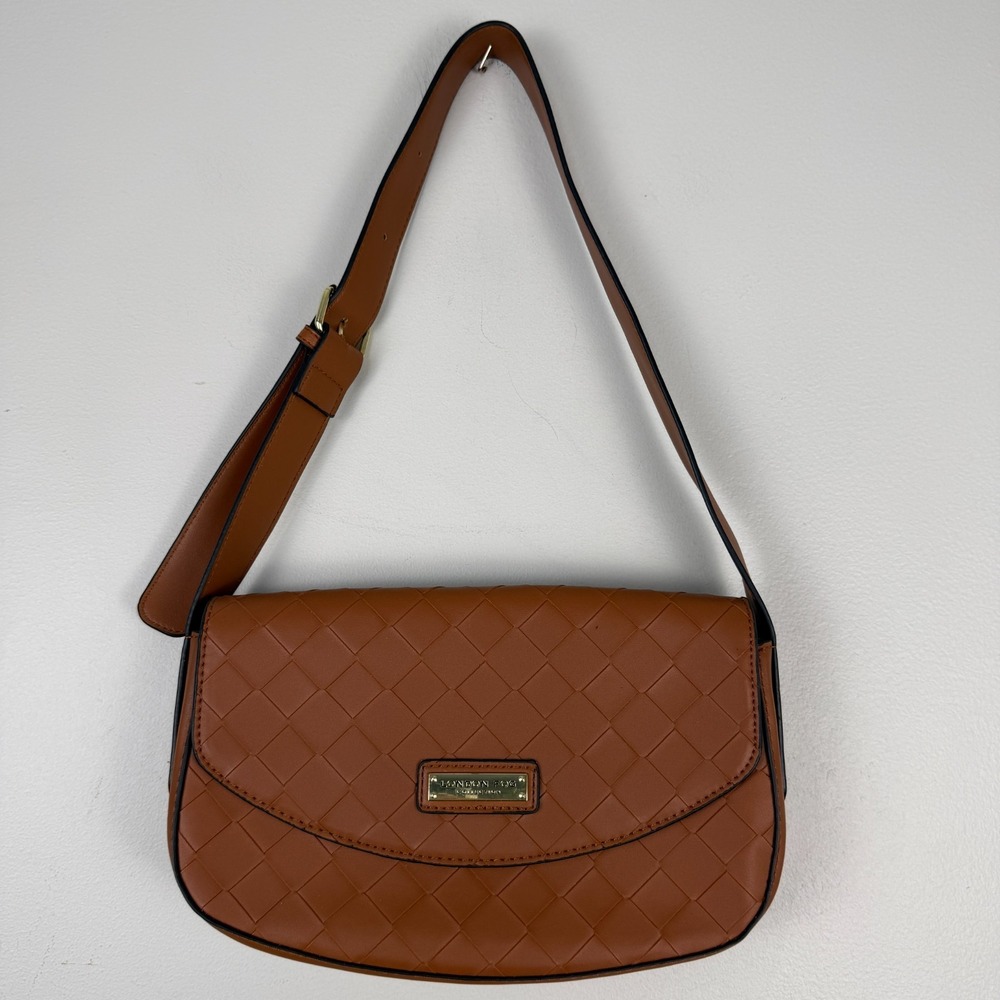 London Fog Shoulder Bag Women's Brown Woven Faux Leather Flap Adjustable Strap